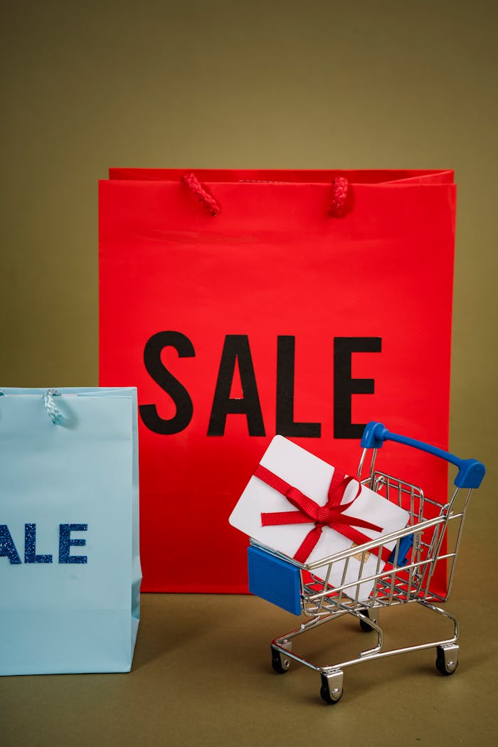 why-choose-us Red and blue shopping bags with a mini cart convey a sale theme.